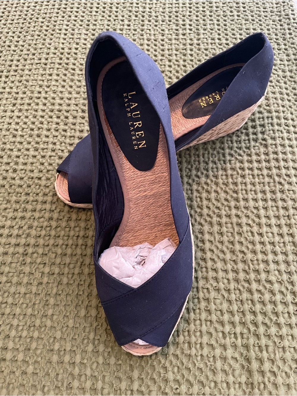 LAUREN Ralph Lauren Navy Silk Fabric Espadrille Wedge Peep-Toes